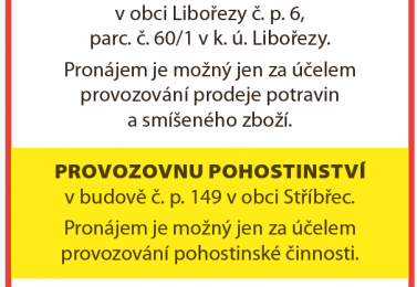 Obec Stříbřec nabízí k pronájmu budovu obchodu Libořezy, Pohostinství Stříbřec a byt ve Stříbřeci